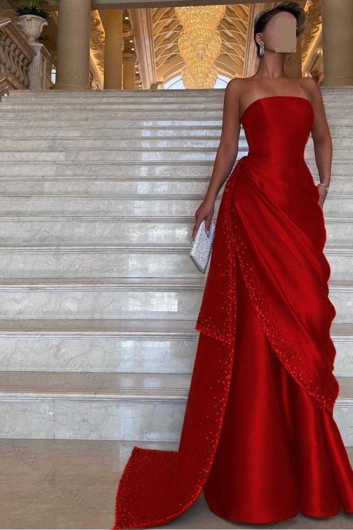 Strapless Sleeveless Long Evening Formal Dress With Pleated Beading