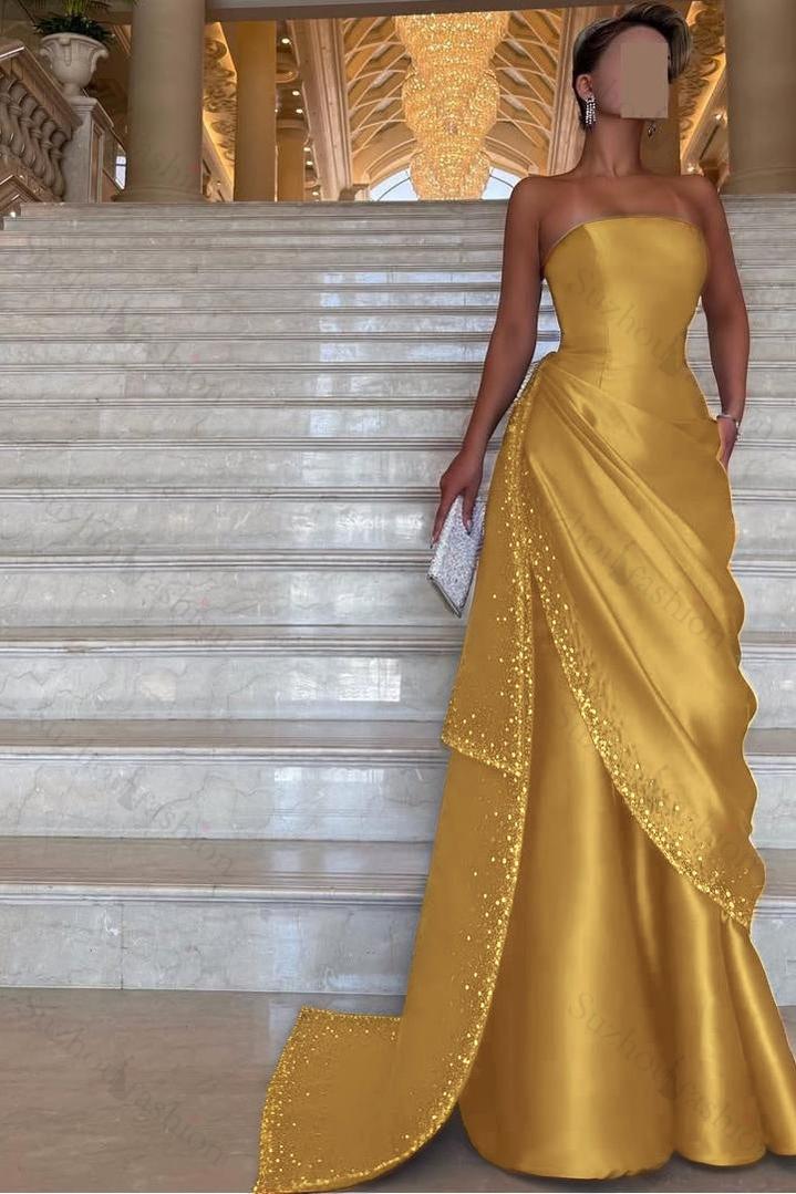 Strapless Sleeveless Long Evening Formal Dress With Pleated Beading