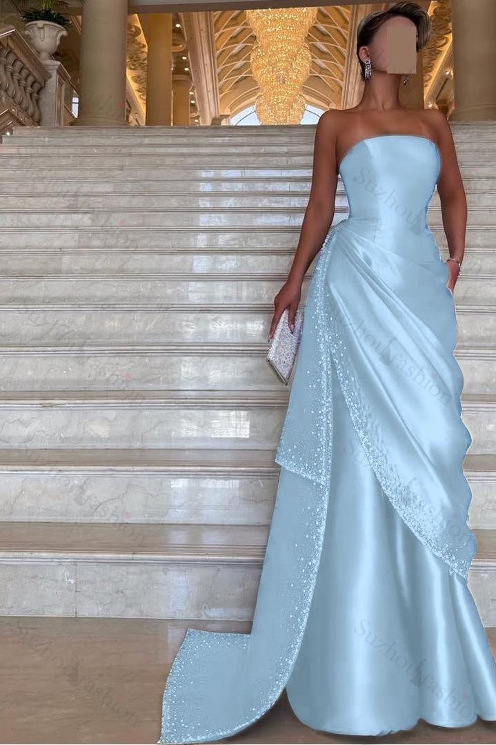 Strapless Sleeveless Long Evening Formal Dress With Pleated Beading