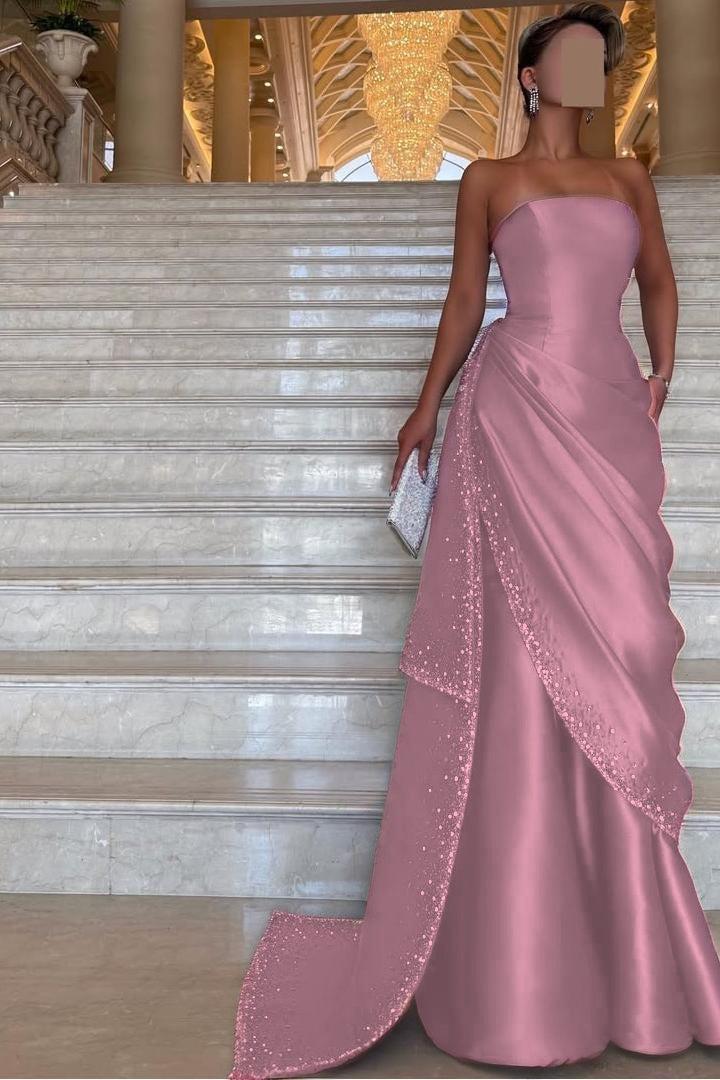 Strapless Sleeveless Long Evening Formal Dress With Pleated Beading