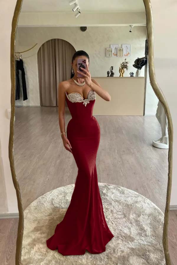 Strapless Sleeveless Long Mermaid Evening Formal Dress With Beading Pleated