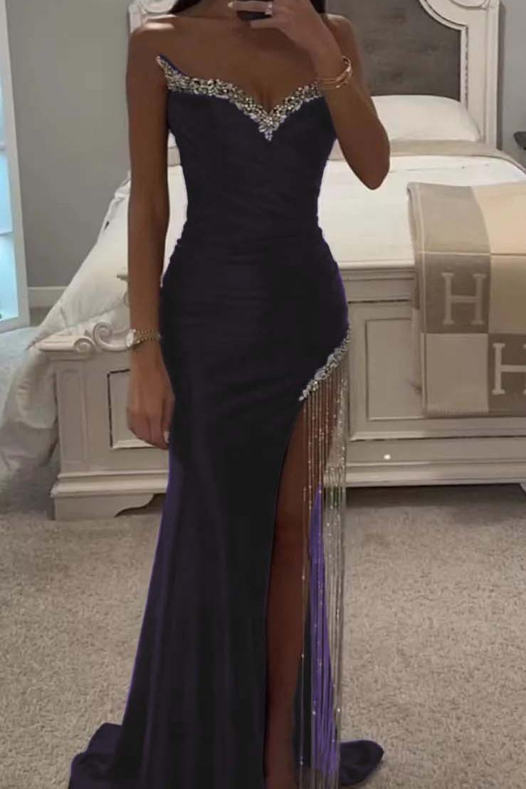 Strapless Sleeveless Long Mermaid Evening Formal Dress With Split Tassel Beading