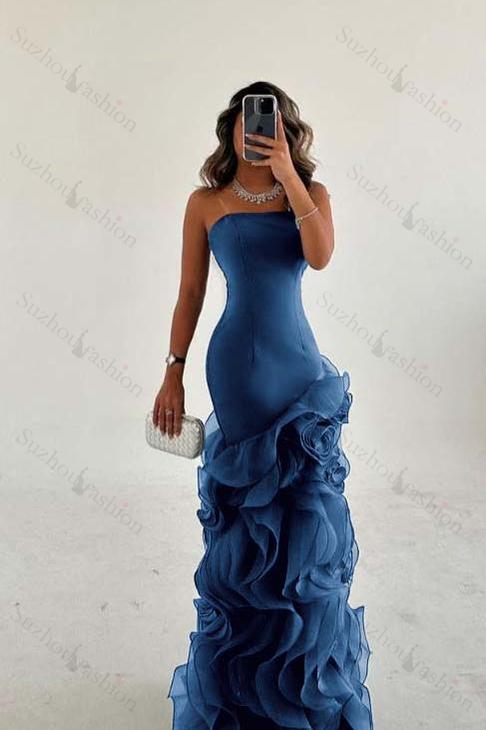 Strapless Sleeveless Long Mermaid Evening Formal Dress With Tulle Ruffled