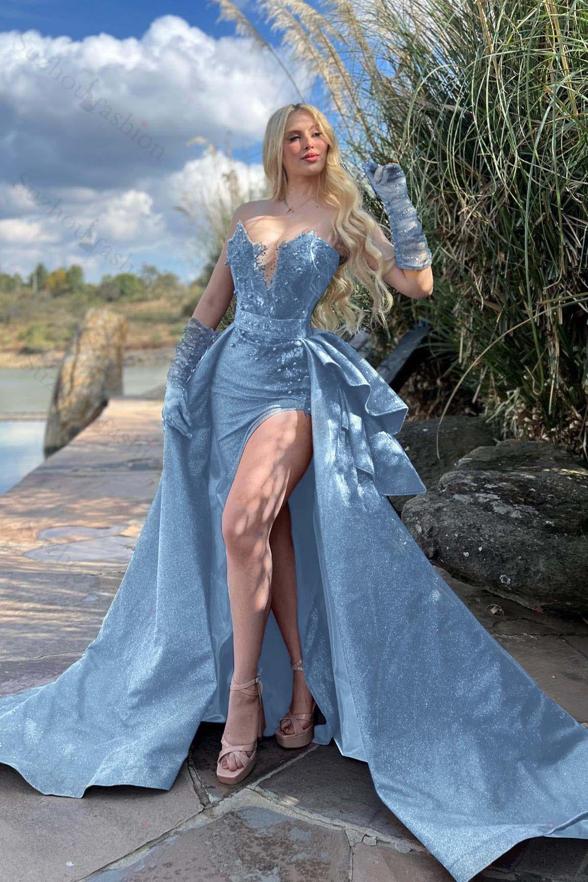 Strapless Sleeveless Long Split Evening Formal Dress Beading