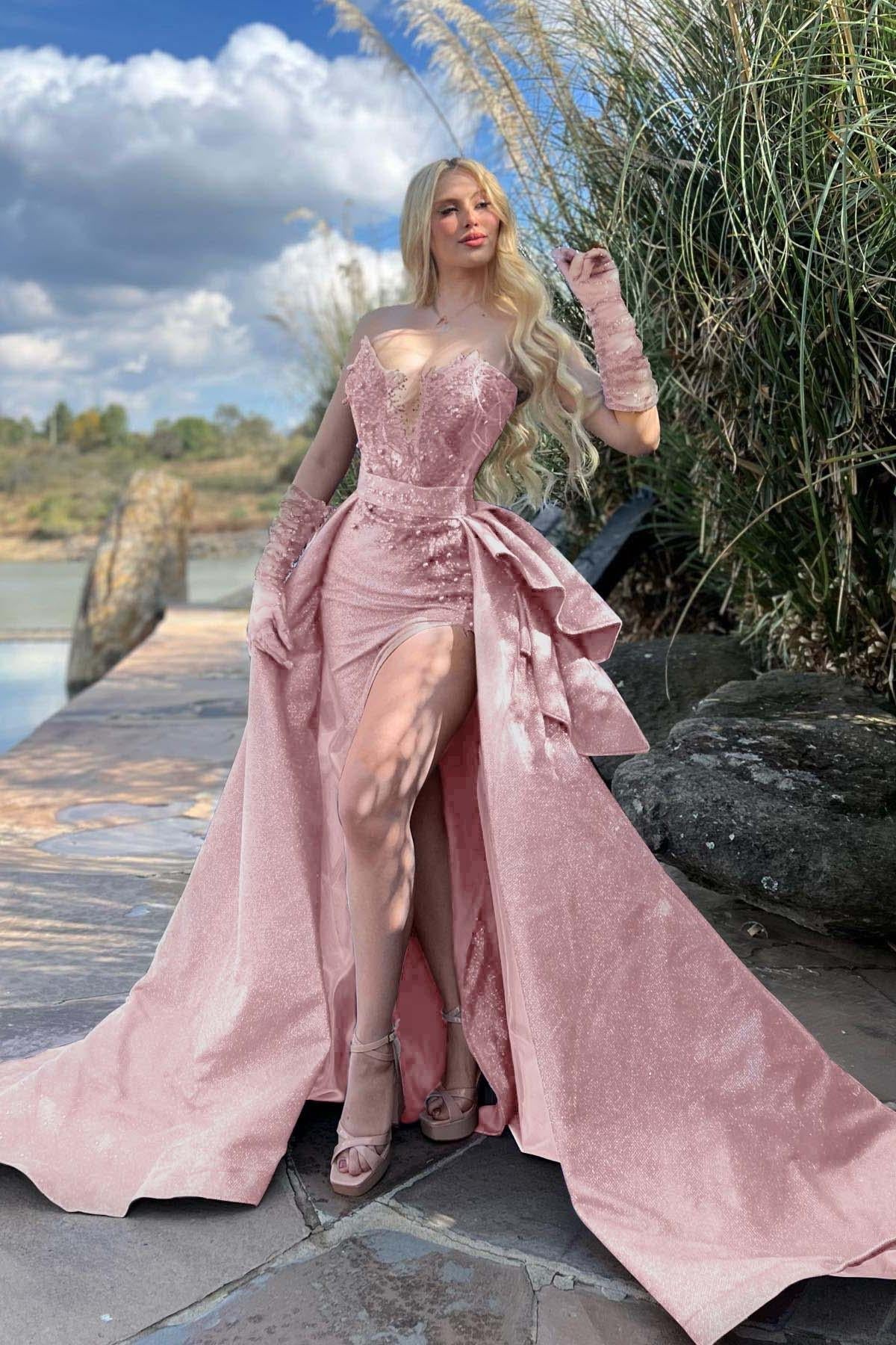 Strapless Sleeveless Long Split Evening Formal Dress Beading