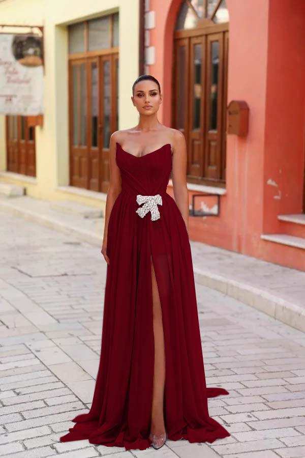 Strapless Sleeveless Long Split Evening Formal Dress With Pleated Beading