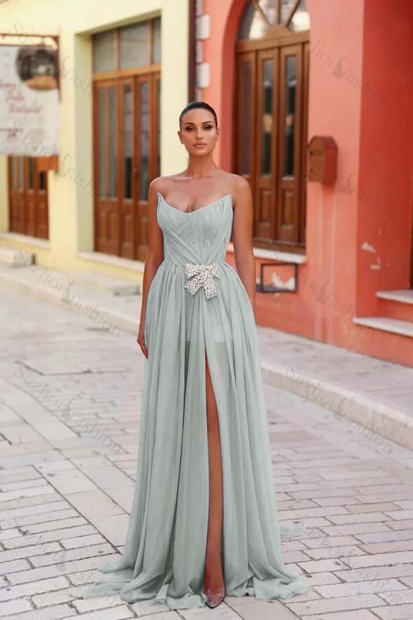 Strapless Sleeveless Long Split Evening Formal Dress With Pleated Beading