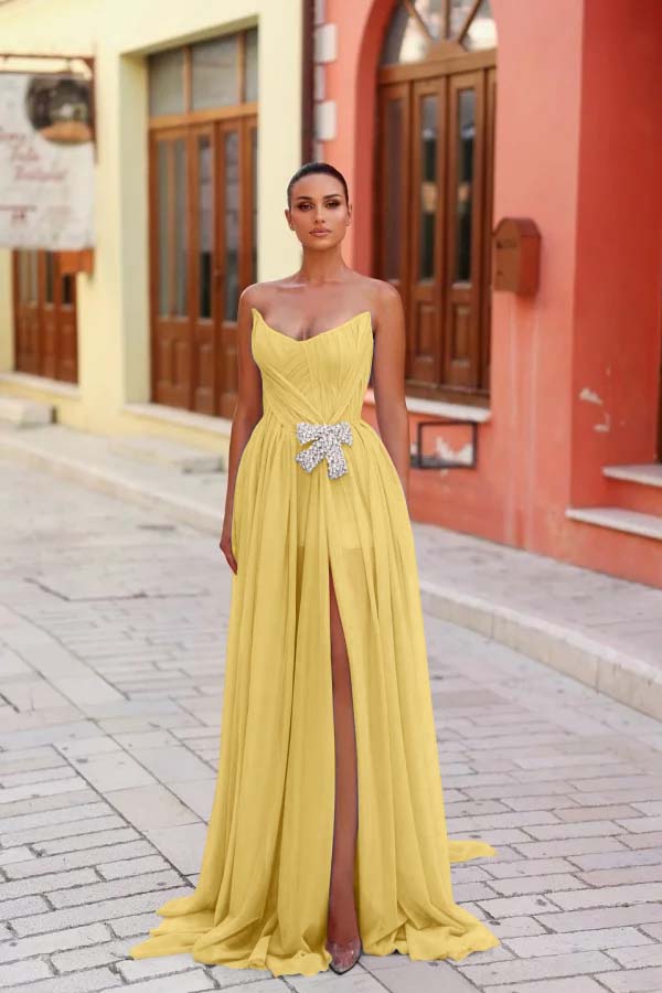 Strapless Sleeveless Long Split Evening Formal Dress With Pleated Beading