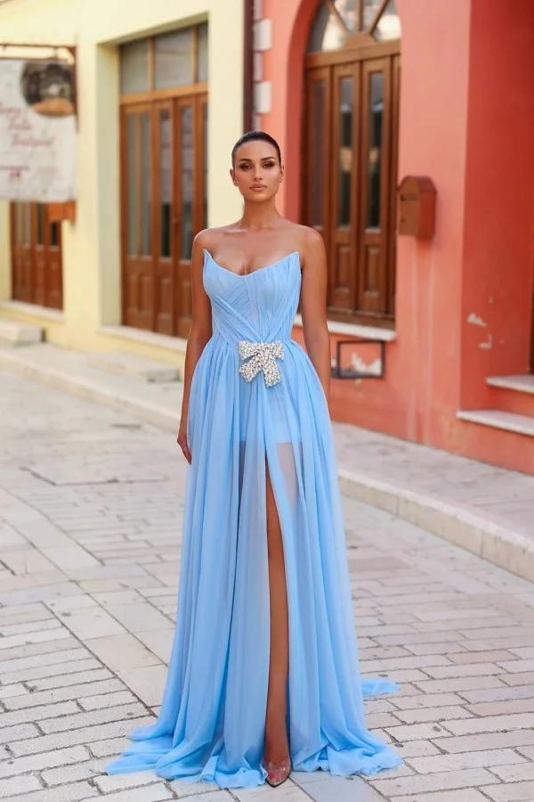 Strapless Sleeveless Long Split Evening Formal Dress With Pleated Beading