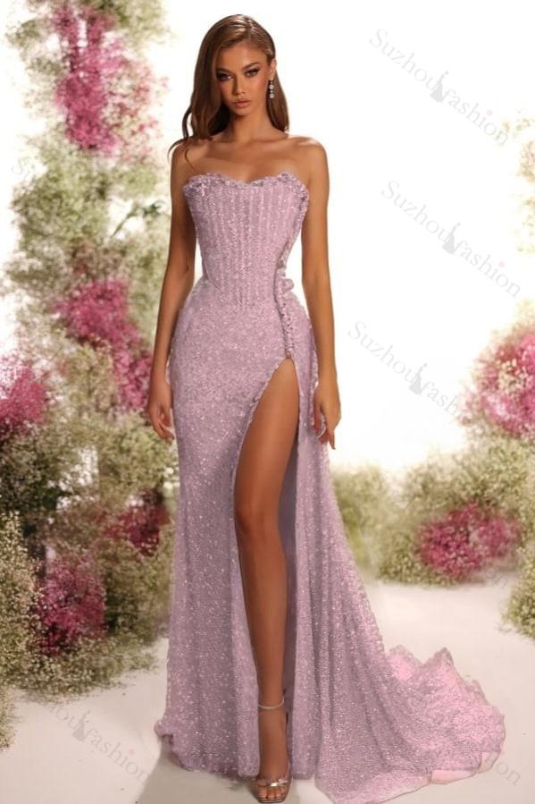 Strapless Sleeveless Long Split Evening Formal Dress With Pleated Sequined