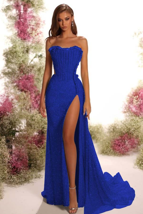 Strapless Sleeveless Long Split Evening Formal Dress With Pleated Sequined