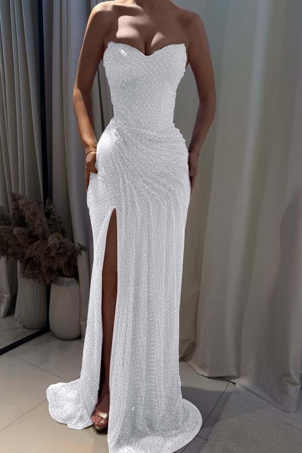 Strapless Sleeveless Mermaid Long Evening Formal Dress With Split Pleated