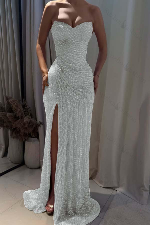 Strapless Sleeveless Mermaid Long Evening Formal Dress With Split Pleated