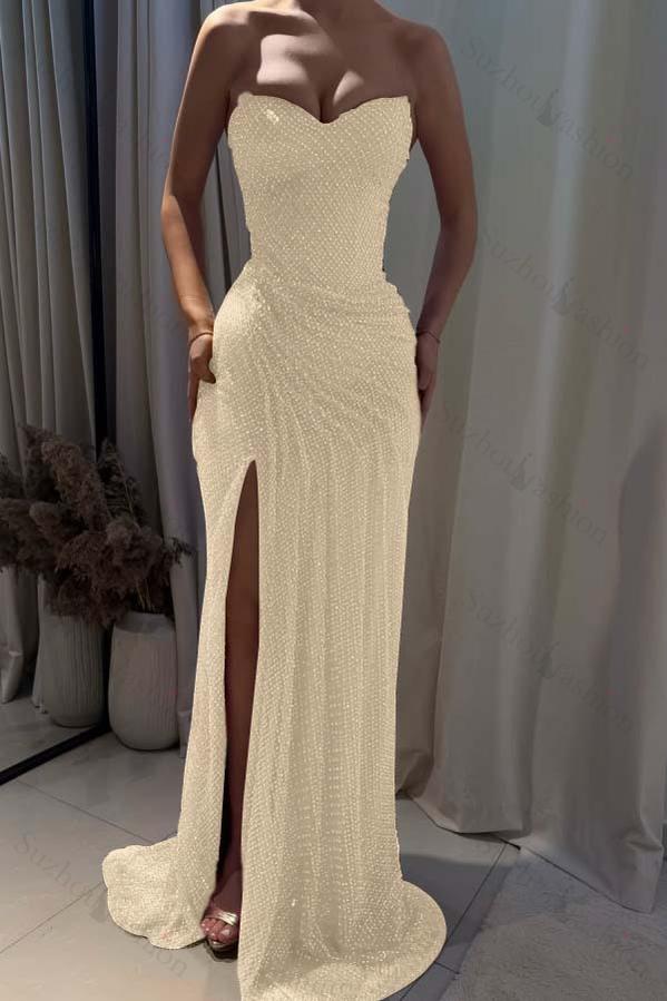 Strapless Sleeveless Mermaid Long Evening Formal Dress With Split Pleated