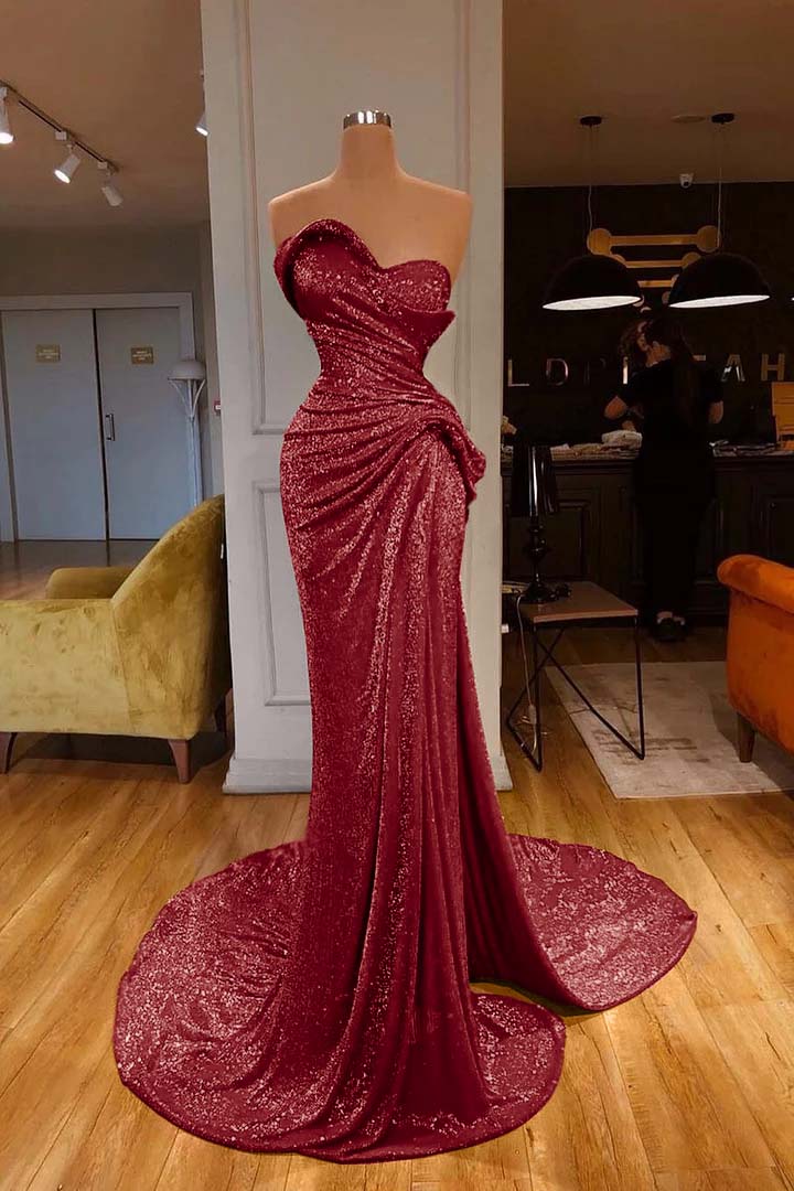 Strapless Sweetheart Sleeveless Long Mermaid Evening Formal Dress Red Prom Dress With Sequined