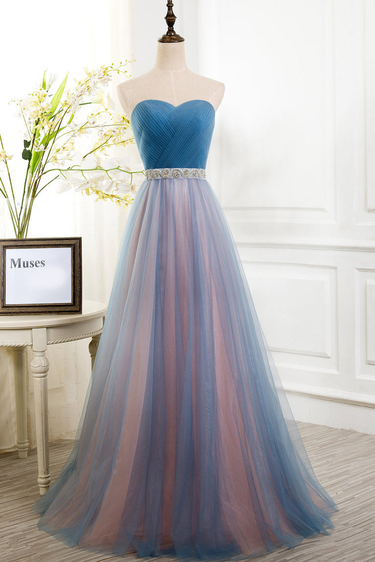 Blue Strapless A-Line Tulle Prom Gown Evening Dresses - Fashionpara