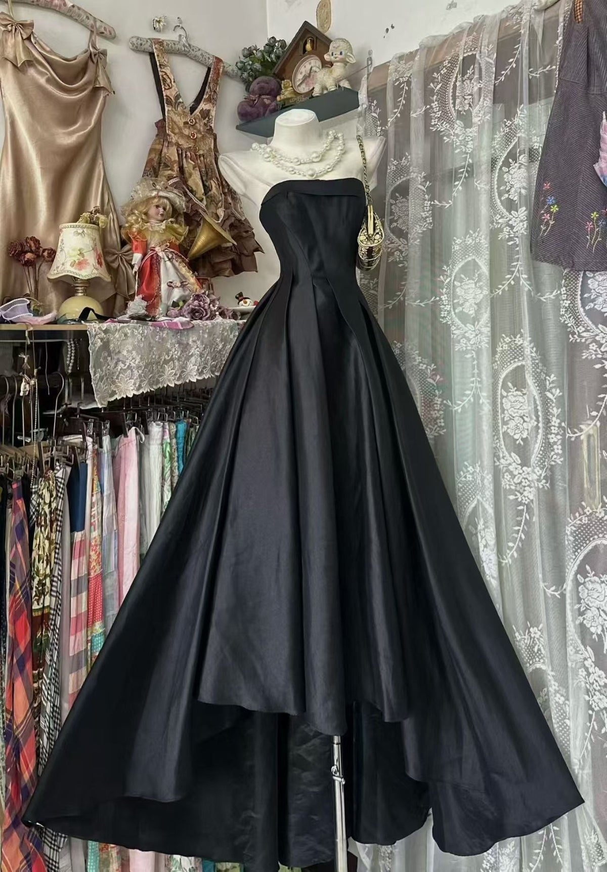 Strapless A-Line Black Prom Dress Formal Evening Dress
