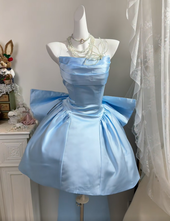 Strapless A-Line Blue Satin Homecoming Dress Short Birthday Dress With Bow Knot