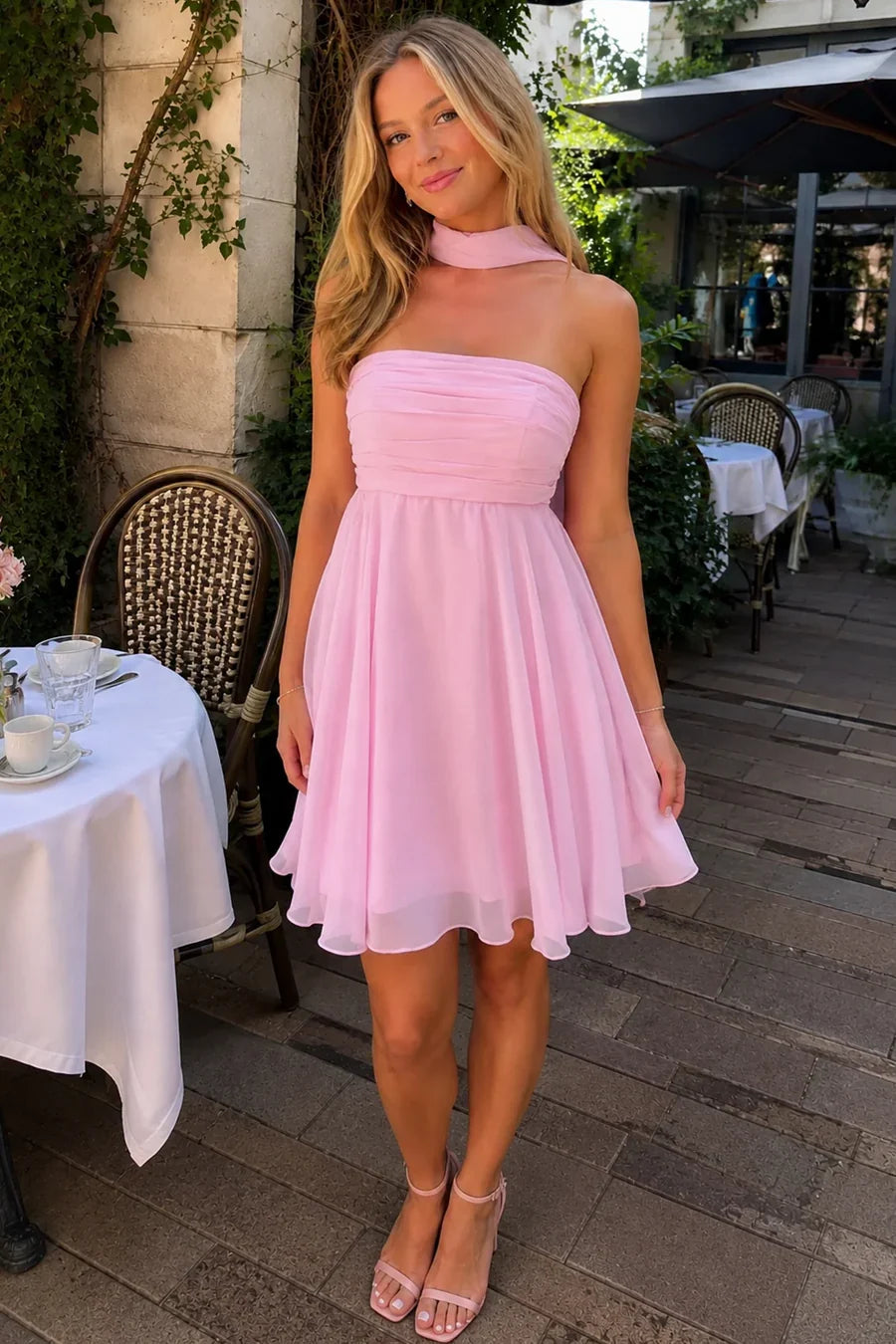 Strapless A-Line Pink Chiffon Homecoming Dress