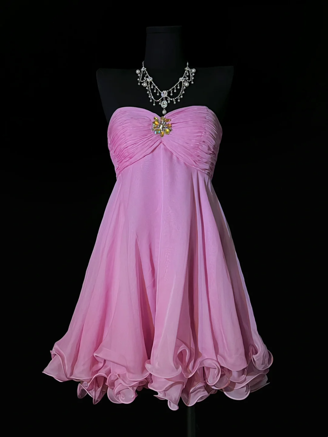 Strapless A-Line Pink Chiffon Homecoming Dress Ruffled Birthday Dress
