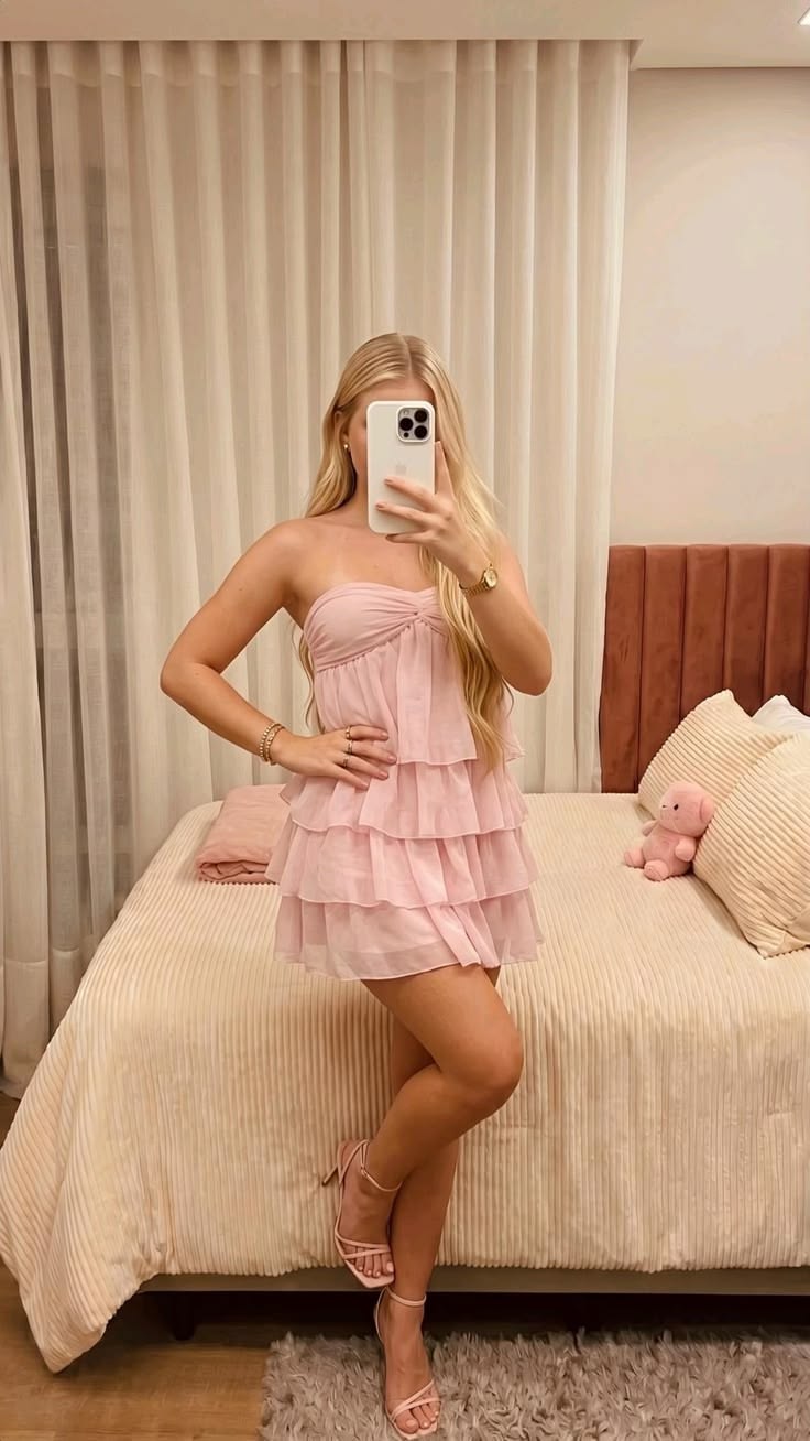 Strapless A-Line Pink Homecoming Dress Layered Party Dress