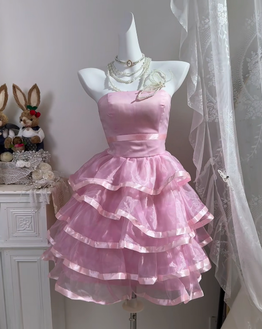 Strapless A-Line Pink Homecoming Dress Ruffled Birthday Dress