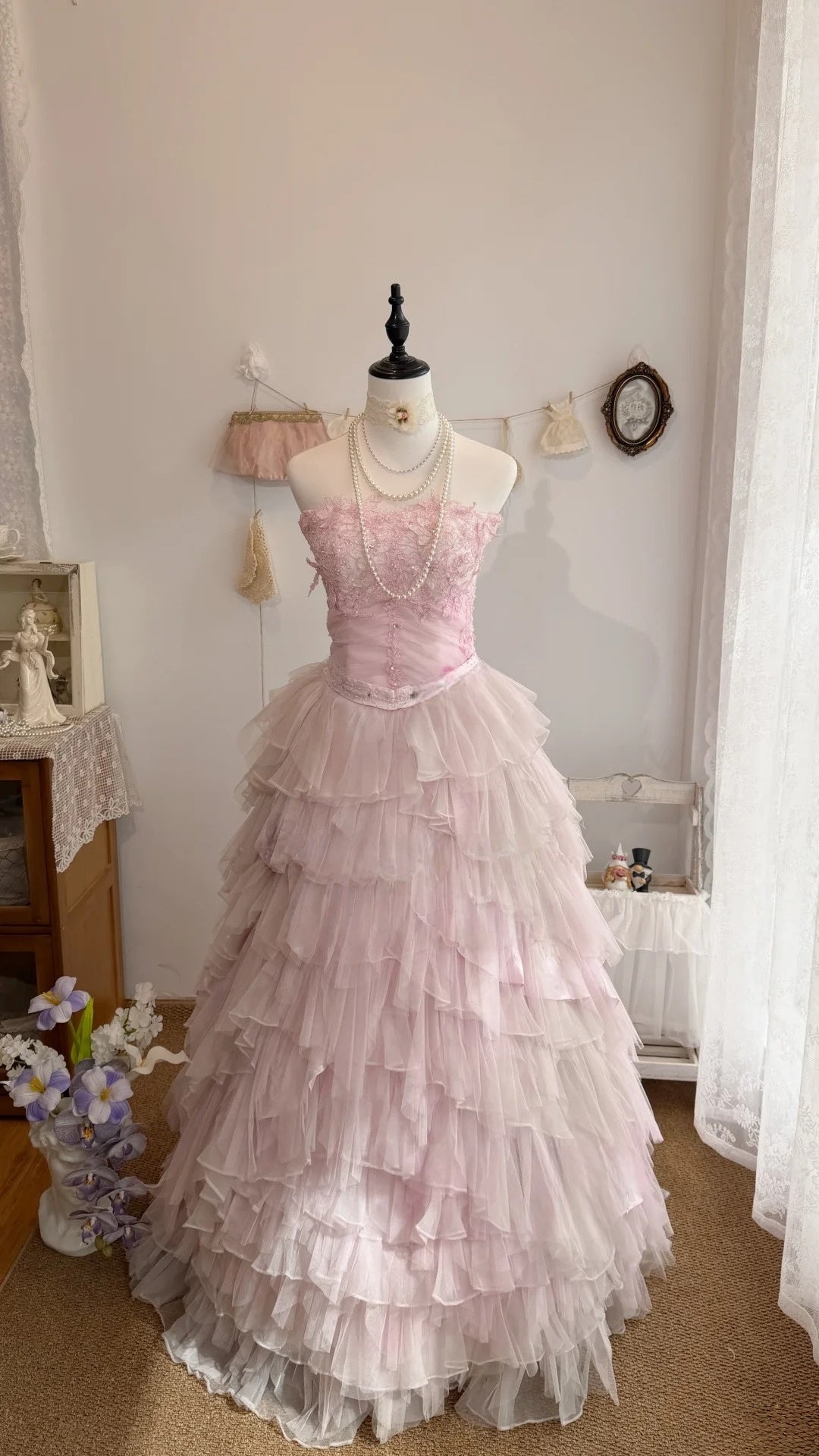 Strapless A-Line Pink Layered Prom Dress Chiffon Birthday Dress