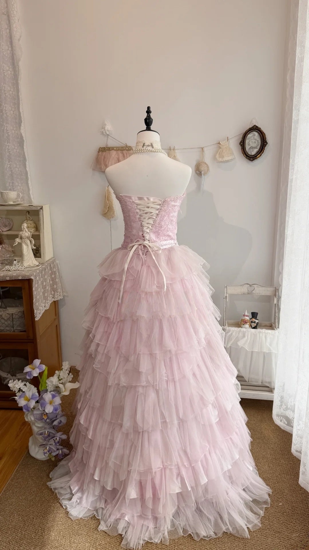 Strapless A-Line Pink Layered Prom Dress Chiffon Birthday Dress