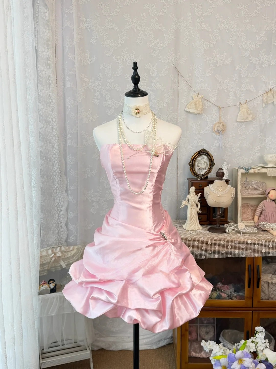 Strapless A-Line Pink Satin Homecoming Dress Short Birthday Dress