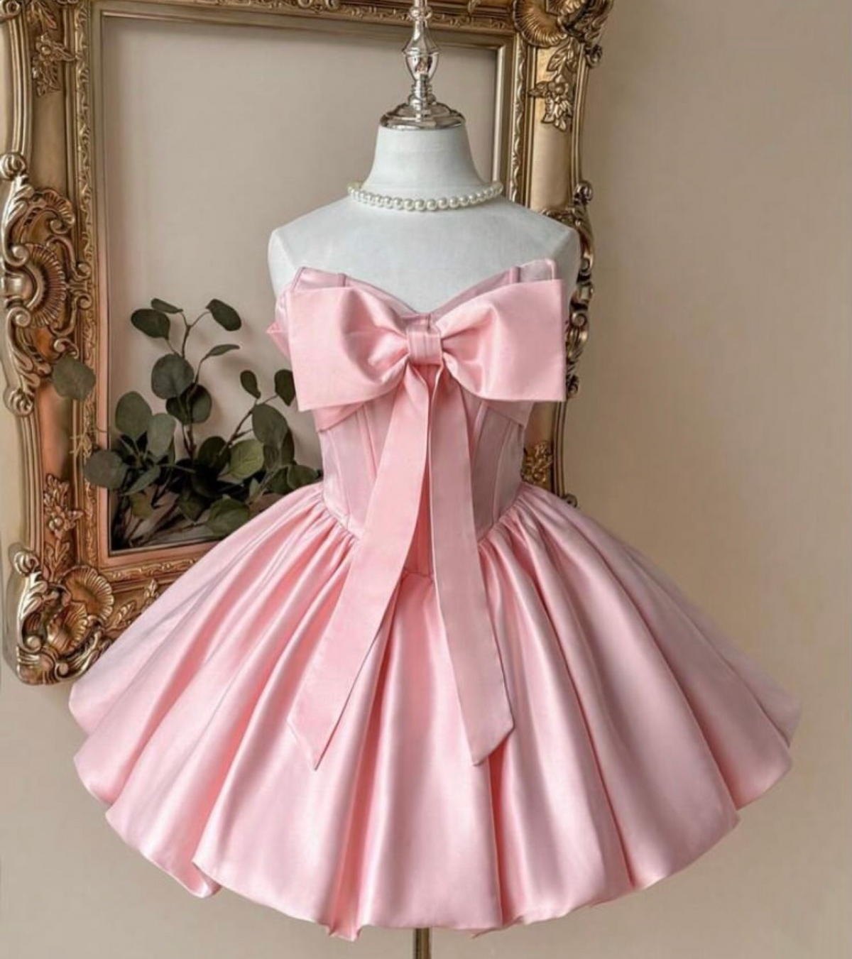 Strapless A-Line Pink Stain Homecoming Dress Short Birthday Dress With Bow Knot