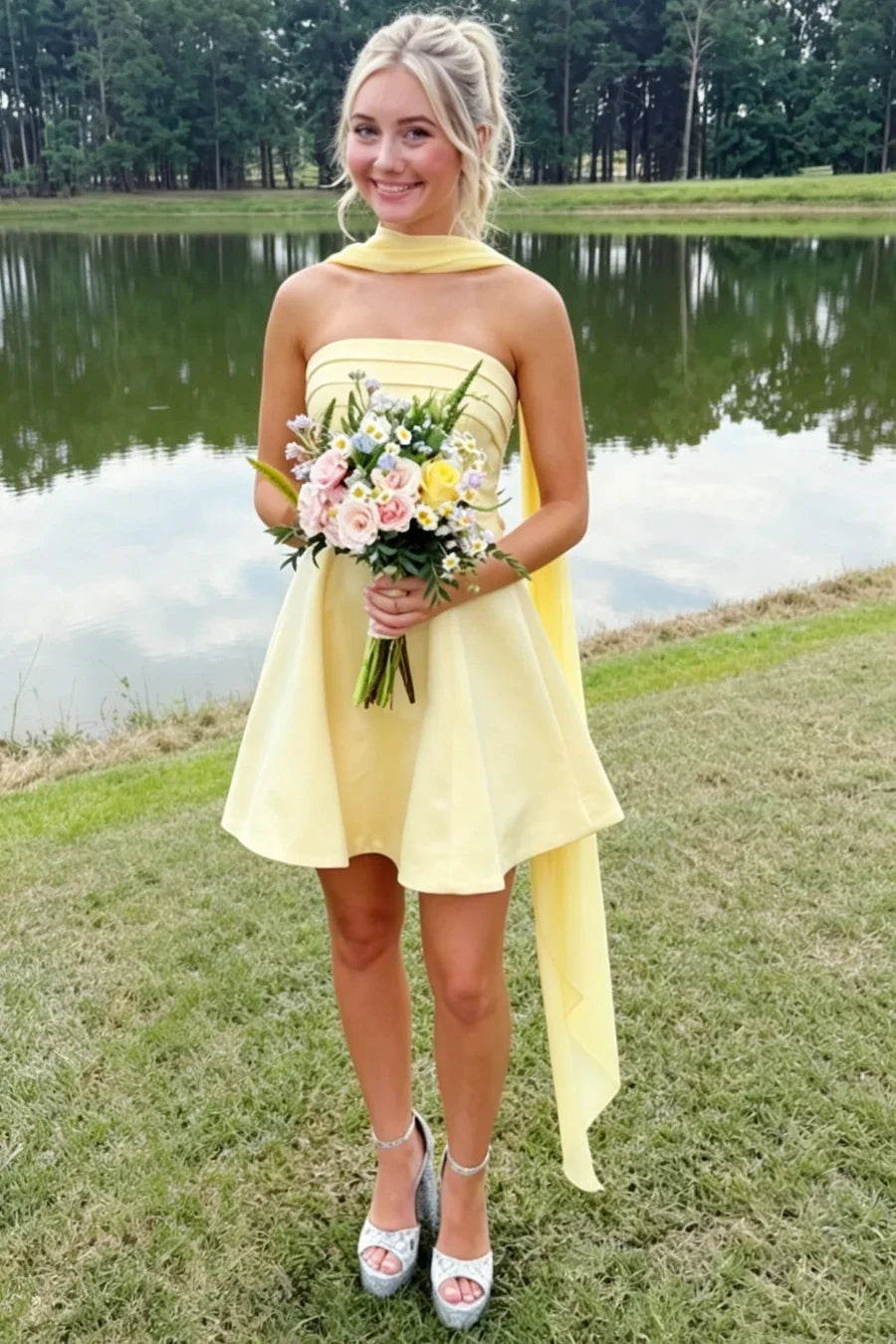 Strapless A-Line Yellow Short Homecoming Dress
