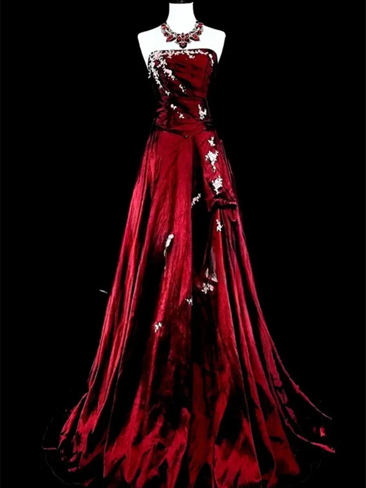 Strapless Applique Long Prom Dress Burgundy A-Line Evening Dress