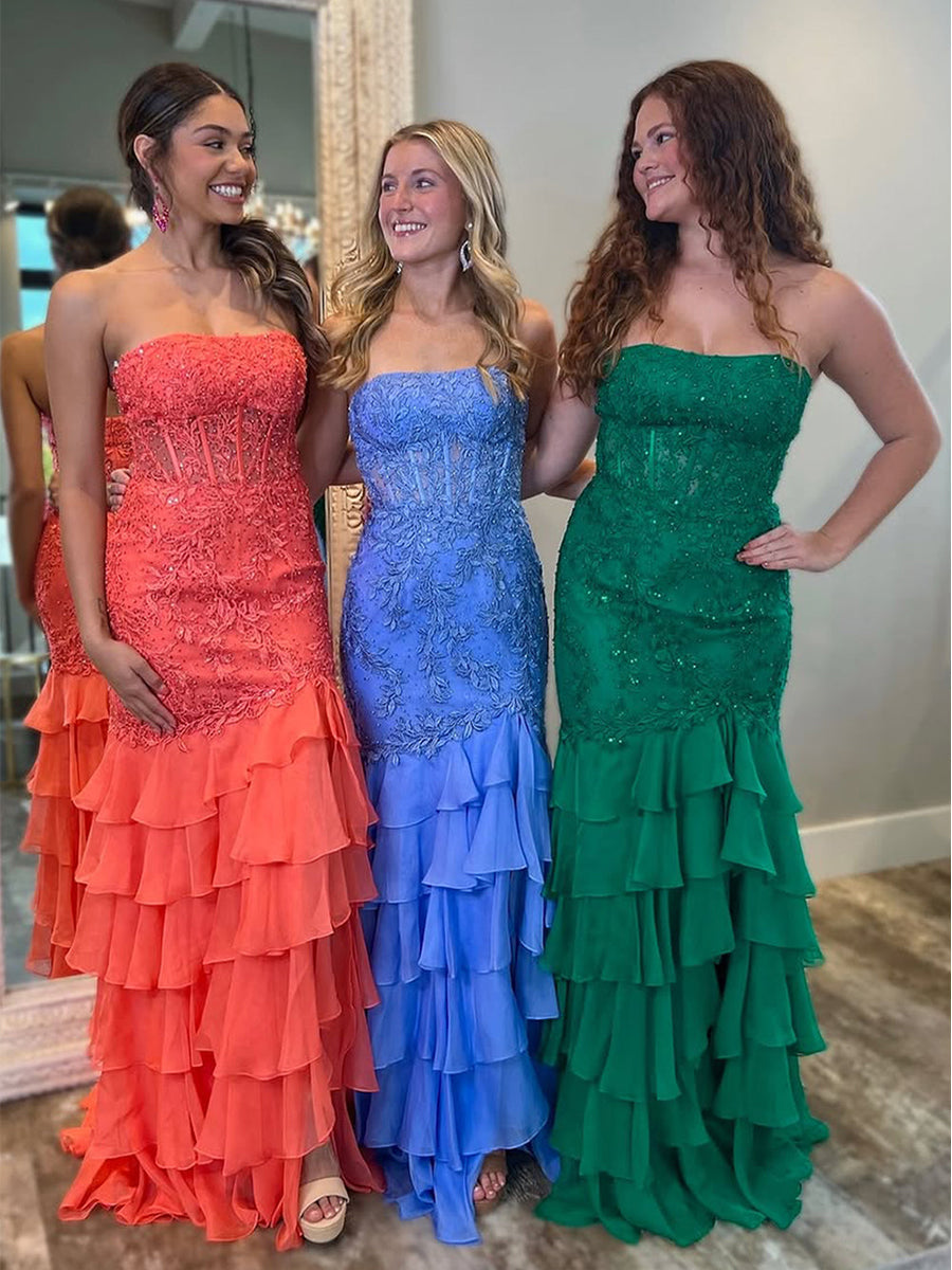 Strapless Applique Ruffle Mermaid Long Prom Dress with Slit