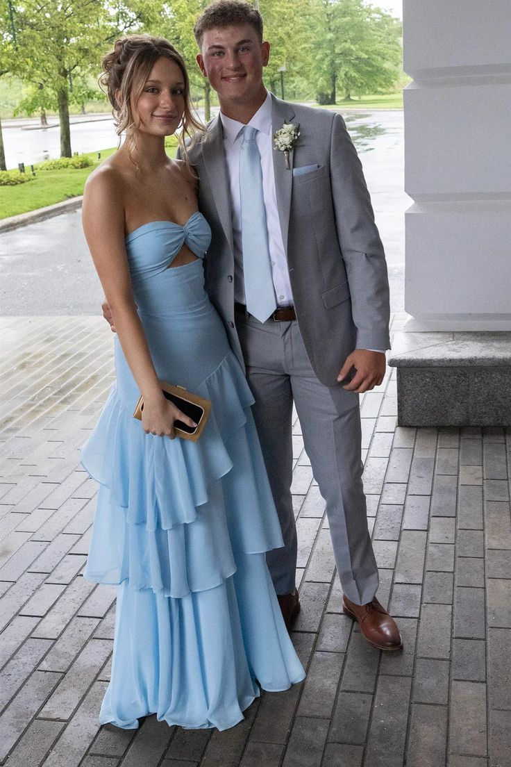 Strapless Baby Blue Chiffon Prom Dress Ruffled Wedding Guest Dress