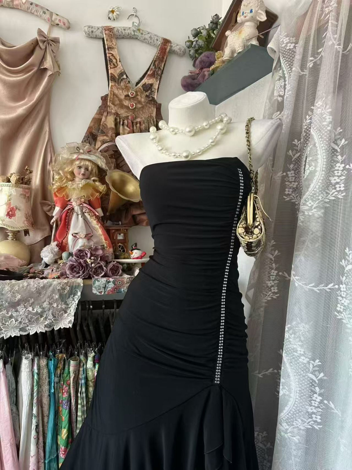 Strapless Black Mermaid Formal Prom Dress Ruffled Evening Dress J10081
