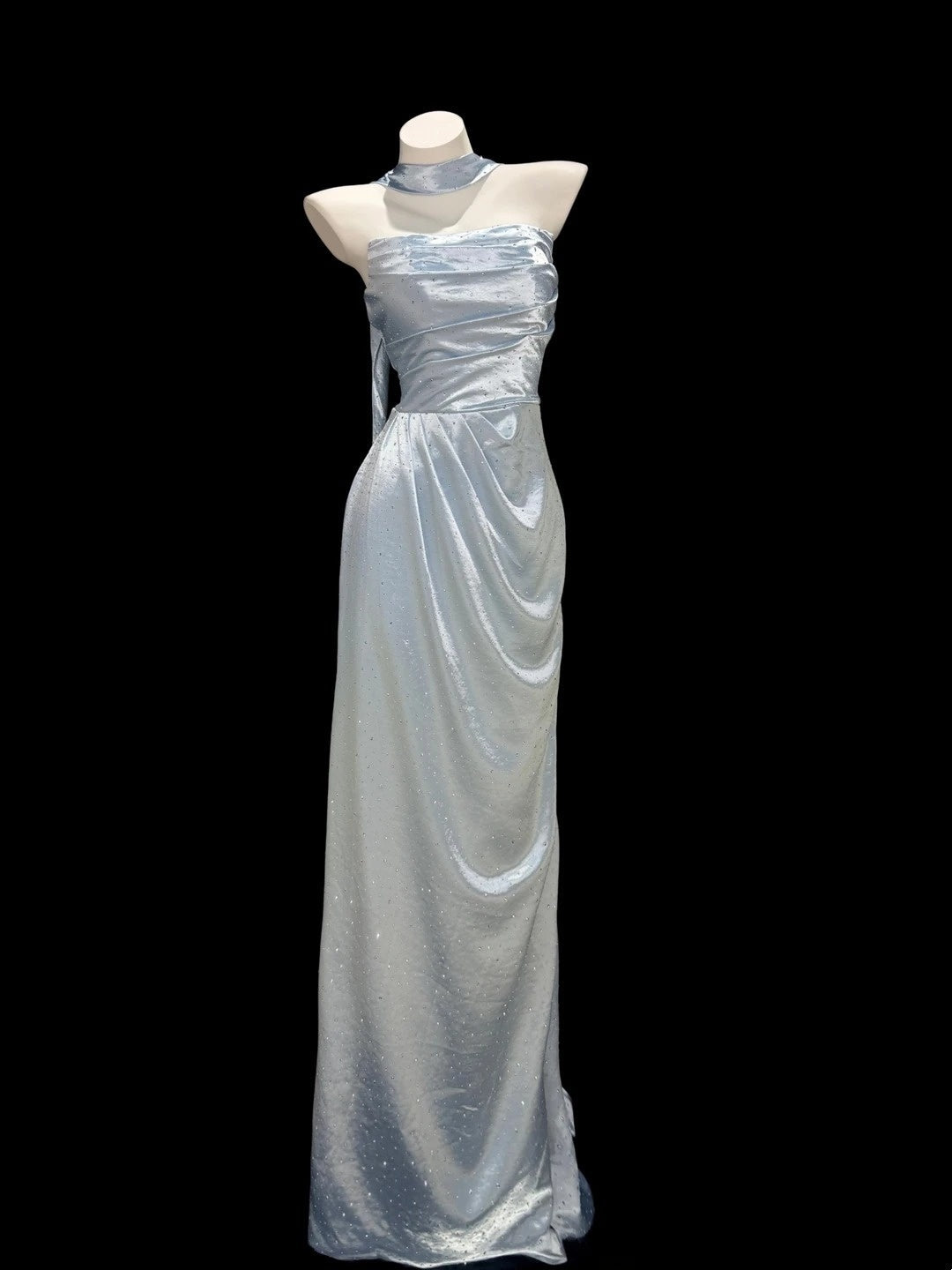 Strapless Blue Satin Long Prom Dress Sheath Evening Dress