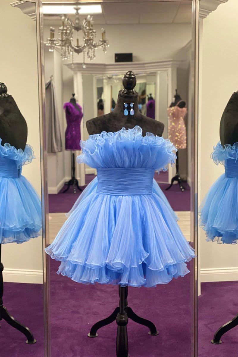 Strapless Blue Tulle Homecoming Dress Ruffled Short Party Dress