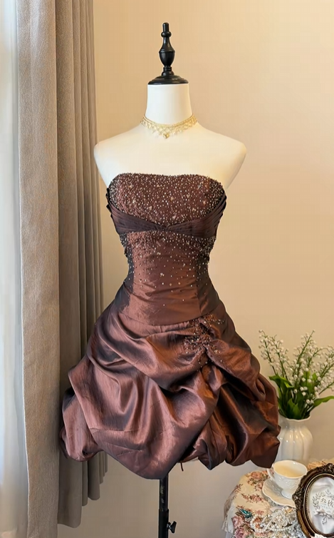 Strapless Brown Short Homecoming Dress Beaded Birthday Outfit