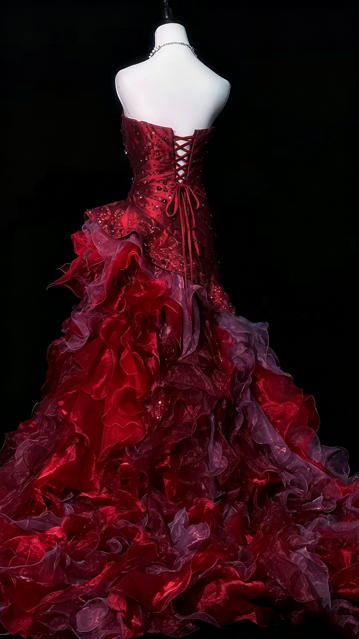 Strapless Burgundy Ruffled Prom Dress Beaded Sweet 16 Birthday Dress