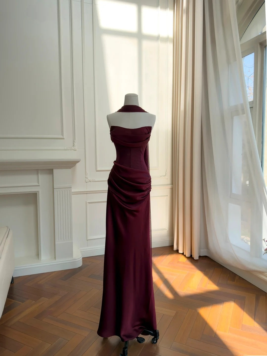 Strapless Burgundy Satin Prom Dress Sheath Elegant Evening Dress