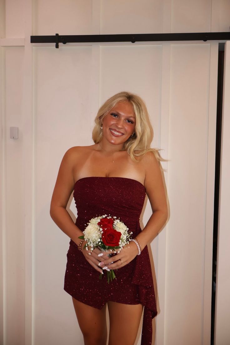 Strapless Burgundy Sheath Homecoming Dress Ruffled Cocktail Dress