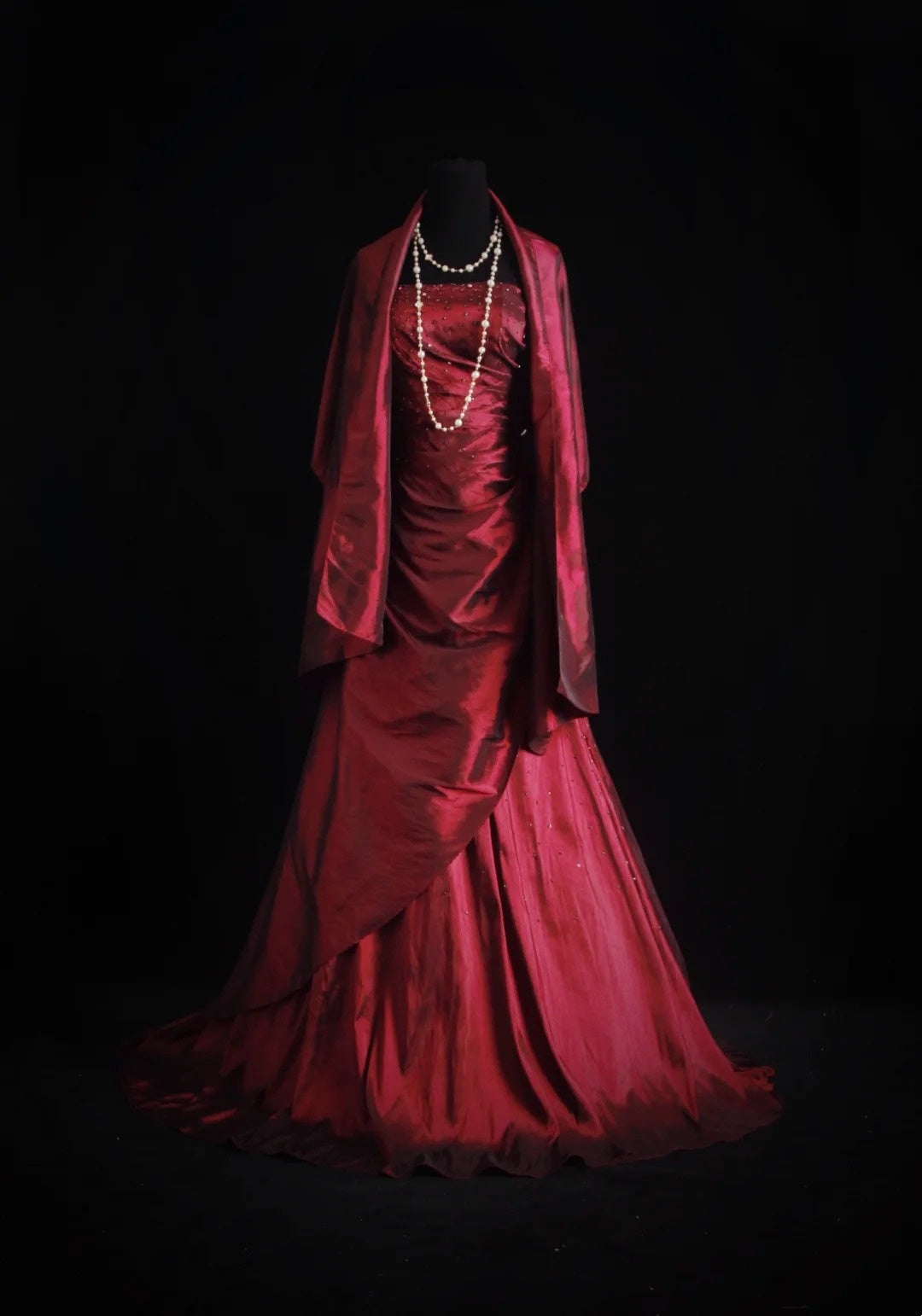 Strapless Burgundy Taffeta Retro Formal Prom Dress Beaded A-Line Evening Dress