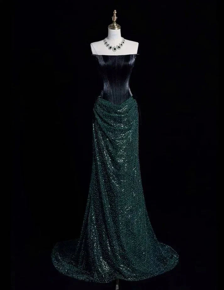 Strapless Dark Green Sequin Prom Dress Mermaid Evening Dress