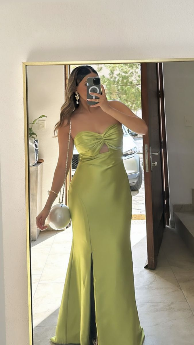 Strapless Green Satin Maxi Dress With Slit Formal Prom Dress  J9967