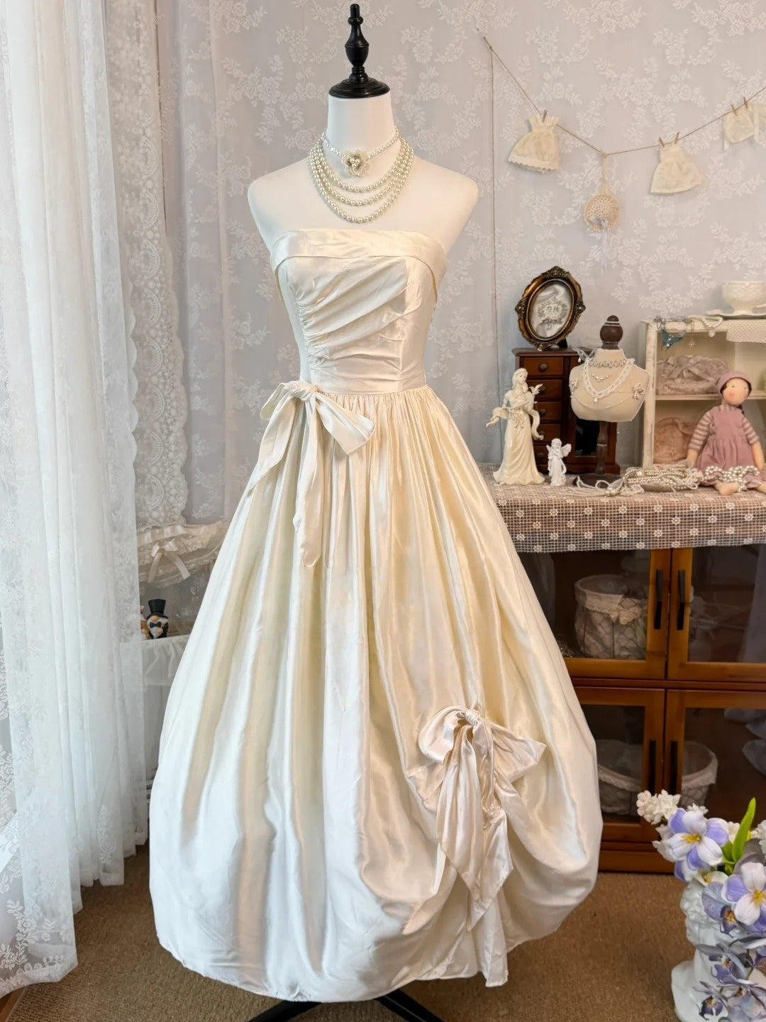 Strapless Ivory Satin Birthday Dress A-Line Evening Dress