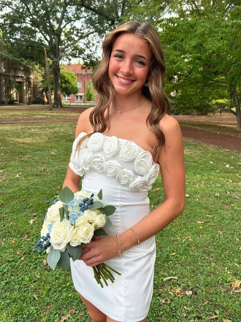 Strapless Ivory Sheath Mini Homecoming Dress With 3d Flowers