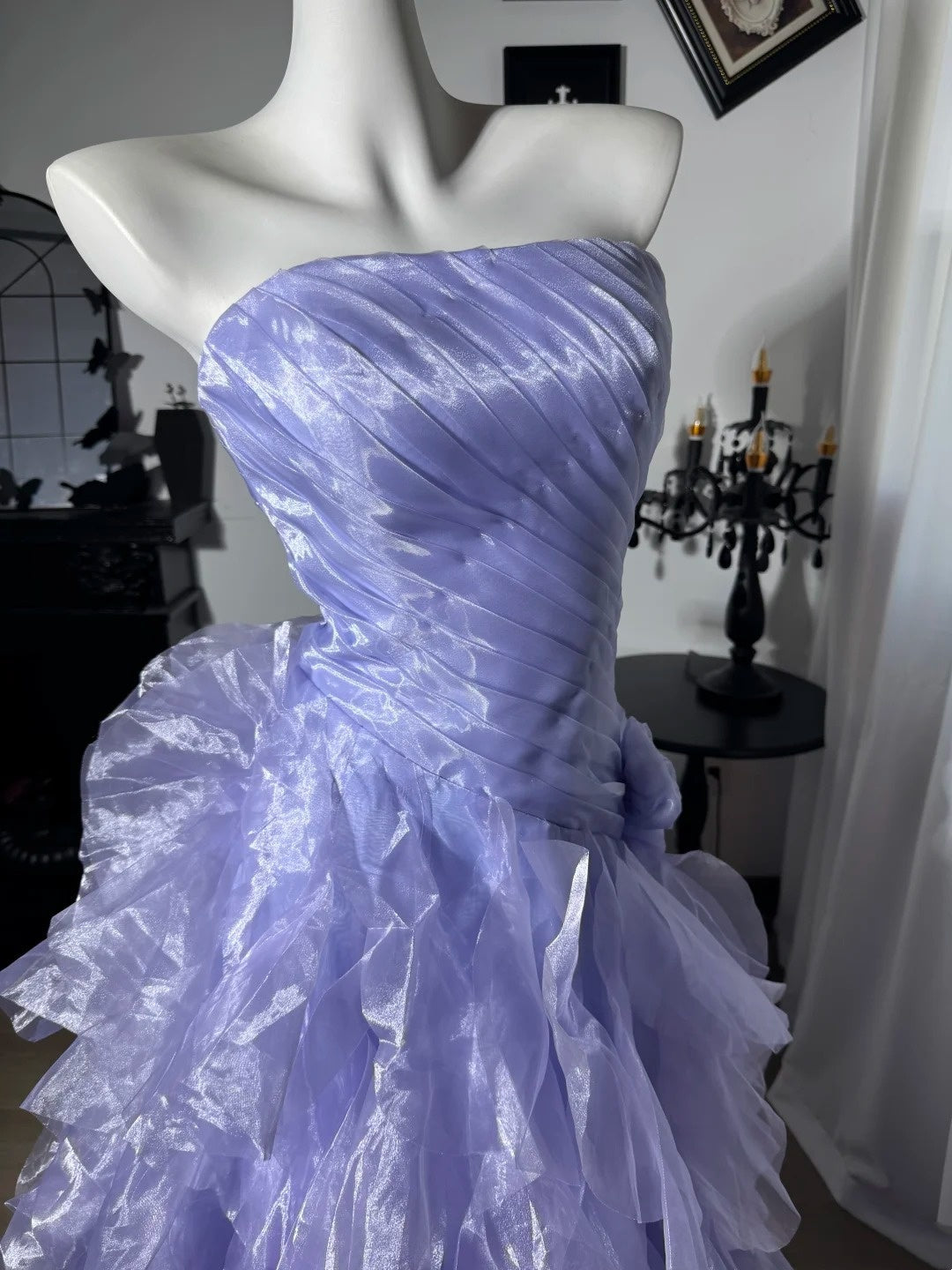 Strapless Lilac Organza Prom Dress Ruffled Birthday Dress