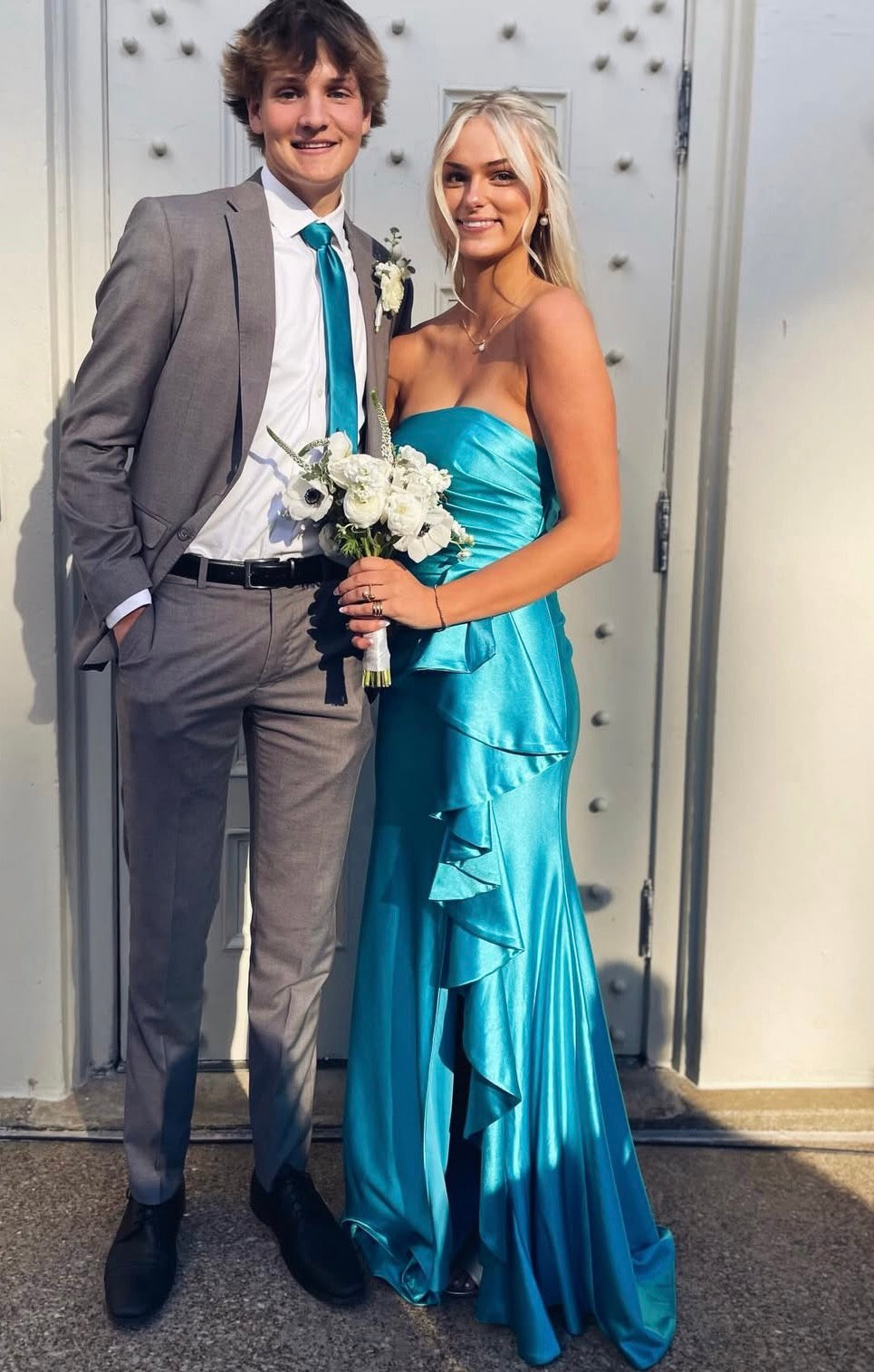 Strapless Mermaid Ruffled Blue Satin Prom Dress
