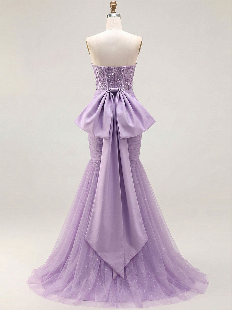 Strapless Mermaid Sequin Corset Ruched Long Prom Dress