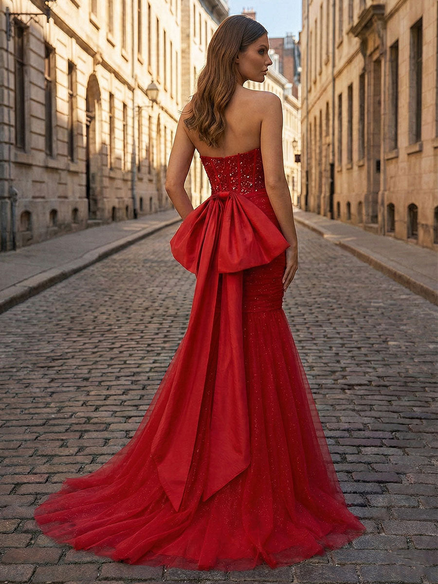 Strapless Mermaid Sequin Corset Ruched Long Prom Dress